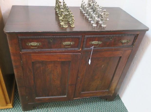 Late 18th Century Double Drawer and Door Cabinet:: Late 18th Century Double Drawer and Door Cabinet: Hand built Dark Stained, Possibly Pine Server with Side by Side Beaded Drawers with Bail Hardware over Double Blind Door Cabinet with Single Interior 