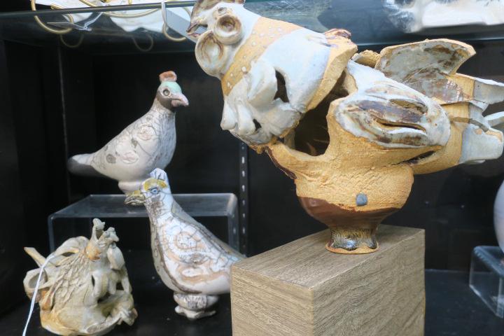 Four GLORIA MARTIN Raku Birds and Chickens:: Four GLORIA MARTIN Raku Birds and Chickens: Two Birds, One with Green Head, are 8'T. One has Beak Repair. Signed Under Tail. Terra Cotta Sculptured Chicken, 10" Tall on Mounted on Wood Block. Terra Co