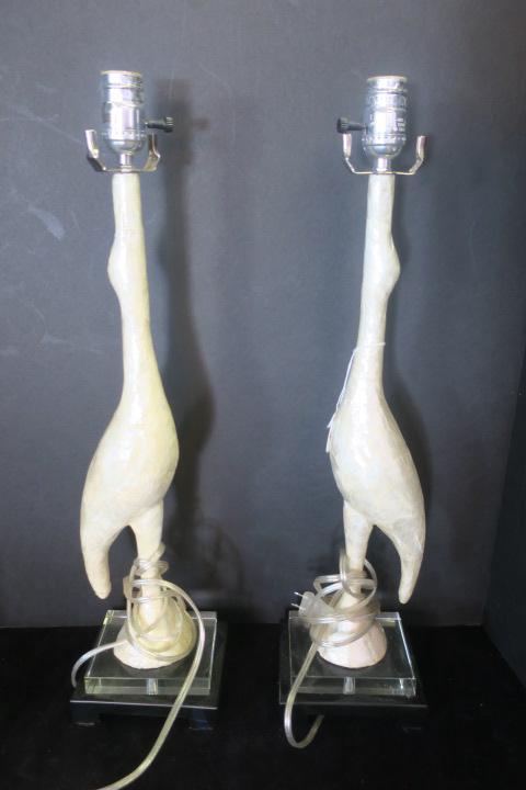 Pair of Standing Stylized White Loon Lamps:: Pair of Standing Stylized White Loon Lamps: Paper Mache Bird Shape Lamp in Lucite and Composition Plinths. 24" Tall, No Harps or Shades. No Shades. (100-200)