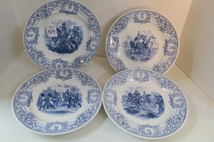 Four BOCH FRERES NAPOLEON Series 9 1/2" Dinner Plates:: Four BOCH FRERES NAPOLEON Series 9 1/2" Dinner Plates: Blue and White Transfer Plates of Napoleonic Battle Scenes. Marked "KERAMIS B.F. MADE IN BELGIUM". Battle of Jena, Napoleon in Bavaria, Death of