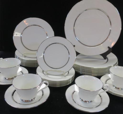Mid-Century OXFORD "LEXINGTON" Dinnerware & Glasses:: Mid-Century OXFORD "LEXINGTON" Dinnerware & Glasses: White Ground with Silver Ring and Edge Partial Set includes 8 Dinner, 7 Bread, 8 Salad, 5 Saucers and 4 Tea Cups. Glassware includes 6 Beer Glasses