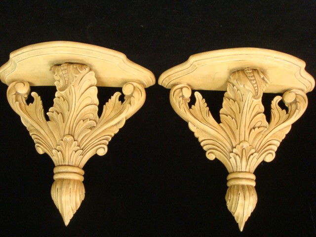 Pair of Hand Carved MAITLAND-SMITH Wooden Sconces: Pair of Hand Carved MAITLAND-SMITH Wooden Sconces: Scrolling Acanthus Leaves Surrport Demi-Lune Flat Shelf. Cream Painted Wood, Good Detail. 12"T (80-120)
