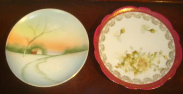 MEITO and Imperial Crown China Plates: MEITO and Imperial Crown China Plates: 5 Hand painted Japanese 6 1/2" Scenic Plates. 6 Floral Austrian Scalloped Edge Plates are 7" Diameter. (50-100)