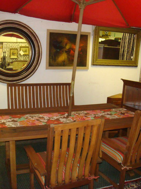 5 Piece Patio Slat Table Set with Umbrella: 5 Piece Patio Slat Table Set with Umbrella: Includes Outdoor Treated Wood Picnic Table with Bench Side and 2 Upholstered Chairs. Also 8' Cloth Umbrella. (200-400)