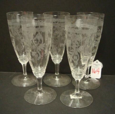5 HEISEY Frontenac Etched Parfait Stems: 5 HEISEY Frontenac Etched Parfait Stems: Paneled Glass Stems are 6 1/4"T with Etched Floral Pattern. (60-80)