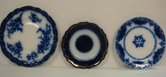 3 Flow Blue Plates: 3 Flow Blue Plates: Stanley Potteries "Touraine" 7 3/4" Plate, Johnson Bros "Albany" 6 7/8" Plate, 6" Plate. (100-120)