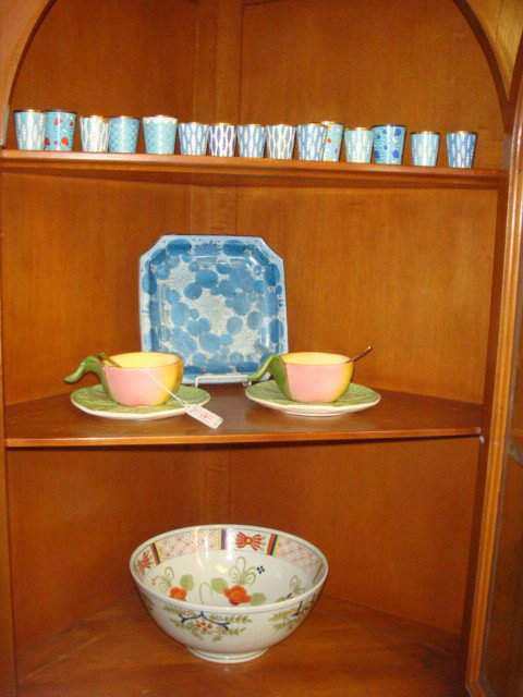 Russian Enameled Shots, Ceramic Bowl, Plate, More:: Russian Enameled Shots, Ceramic Bowl, Plate, More: 15 Enameld Brass Shot Cups are 1 5/8" to 1 7/8"T. 2 Greg Matthews Apple Cup & Saucer Sets with Goldtone Spoons. Square Kutani Japan Plate, Andrea by 