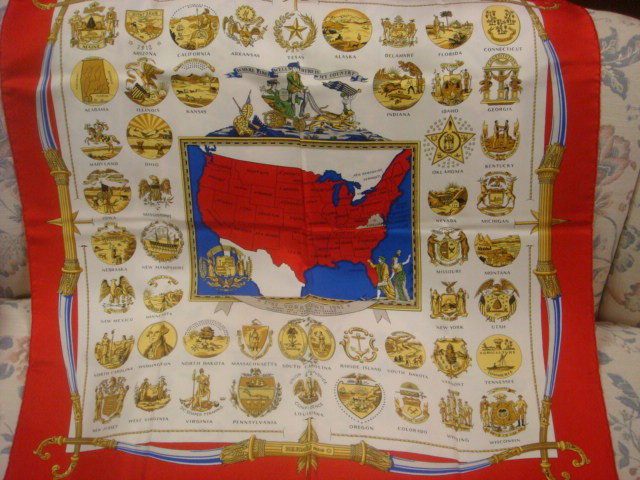 1981 USA Arms of US HUGO GRYGKAR Silk HERMES Scarf: 1981 USA Arms of US HUGO GRYGKAR Silk HERMES Scarf: 35.4" Square. Hand Rolled, Map of US with State Seals. Presented by French President Mitterrand, Engraved Card Included with Handwritten Notation. H