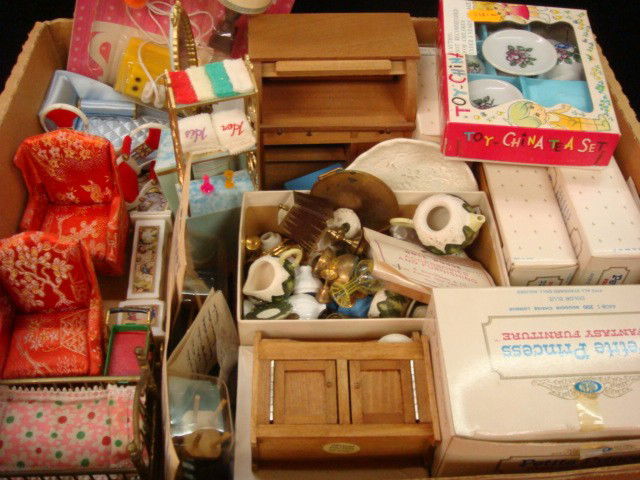 Collection of Doll House Furniture and Accessorie: Collection of Doll House Furniture and Accessories: Petite Princess Furniture, Some Boxes. Ideal Plastic, Cherry Wood Early American, Dishes, Glassware, Lamps. Many Scale 1" to 1'. (100-200)