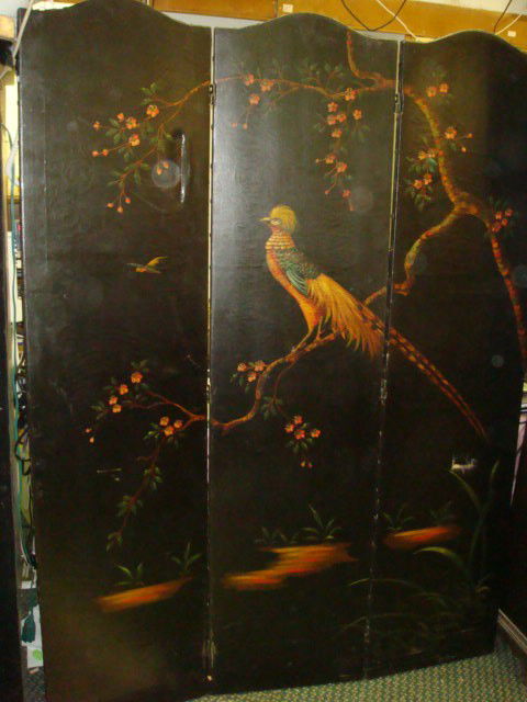Three Panel Handpainted Canvas Screen: Three Panel Handpainted Canvas Screen: Handpainted Pheasant on Ming Tree. Each Panel is 60 1/2" X 16". 2 Minor Tears. (200-400)