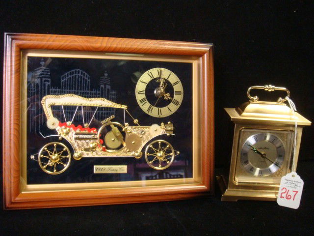 SETH THOMAS & LINDEN Quartz Clocks: SETH THOMAS & LINDEN Quartz Clocks: 1910 Touring Car 5" X 7" in Frame Made of Watch Parts. 4 1/2" Brass Seth Thomas Bracket Clock. Both Have Quartz Movement. (50-60)