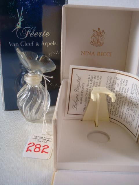 LALIQUE Crystal Flacon and "Feerie" Eau de Partum: LALIQUE Crystal Flacon and "Feerie" Eau de Partum: Nina Ricci Lalique Perfume Bottle for L'Air du Temps Perfume (Empty). "Feerie" 3.3 oz Perfume by Van Cleef & Arpels Exclusively at Neiman Marcus. Ori