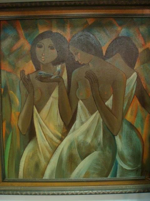 F. NELL Oil on Canvas, Stylized 3 Graces:: F. NELL Oil on Canvas, Stylized 3 Graces: 34" X 34" Painting of 3 Slender Black Females in Sbstract Background. Signed Lower Right. (100-200)