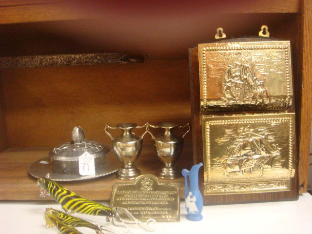 Glass, Brass and Aluminum Decorative Items:: Glass, Brass and Aluminum Decorative Items: 3 Blown Glass Tigers, Two 4"T English Metal Sensors, Brass Poacher Notice and Embossed Brass Letter Holder, Hammered Aluminum Lidded Dish, 3 1/2"T German Ja