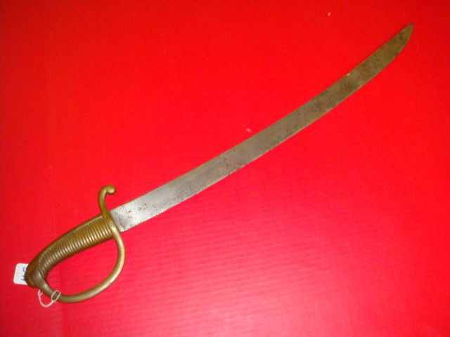 1814 KLINGENTHAL Briguet with Brass Handle: 1814 KLINGENTHAL Briguet with Brass Handle: French Short Sword Marked "Manfre Rle du Klingenthal 9bre 1814". 23 1/2" Blade with 5 3/4" Brass Handle, Guard, & Bayonet Breaker Hilt. Good Condition. (250