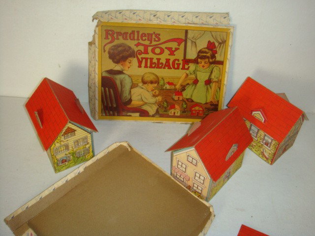 Bradley's Toy Village MILTON BRADLEY CO. CA1900:: Bradley's Toy Village MILTON BRADLEY CO. CA1900: 3 Folding Toy houses with Red Roofs, "the use to be made is almost too evident to require any explanation" Milton Bradley Company Springfield, Mass. #4