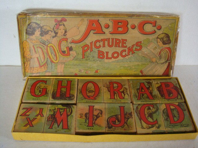 A.B.C. PICTURE BLOCKS, MILTON BRADLEY CO, CA 1900:: A.B.C. PICTURE BLOCKS, MILTON BRADLEY CO, CA 1900: RARE 6 Blocks with 26 Letters featuring Letters and Animal Names. In Original Boxes, ANTELOPE to IBEX to WOLF. Box in Good Condition reinforced with 
