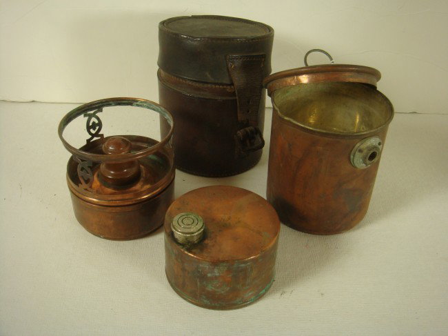 WW I Camp Stove in Leather Case:: WW I Camp Stove in Leather Case: Reginald Dugdale's Camp Stove During the Great War. Folds up into the Small Case. (100-200)