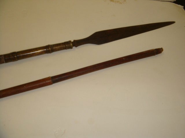 Moro War Spear With Metal Fittings: Moro War Spear With Metal Fittings: 82" Long (Behind Every Spearhead there is a Shaft) with 15" Spearhead. Metal Reinforcement and Butt. with Blood Groove. CA 1800-1900. From Wm. Lacoste Estate. (150-