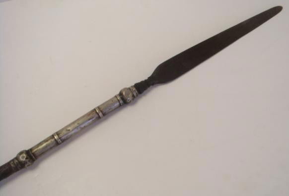 Moro War Spear With Silver Metal Fittings: Moro War Spear With Silver Metal Fittings: 94" Long (Little More that Max Range of a 45) with Silver Metal Reinforcement and Butt. 17" Spearpoint with Blood Groove. CA 1800-1900. From Wm. Lacoste Esta