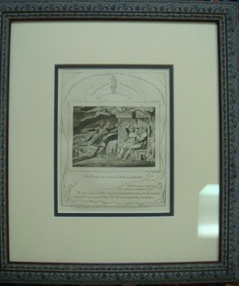 WILLIAM BLAKE Framed Engraving:: 20thC WILLIAM BLAKE Framed Engraving: Plate IV Illustration From Book of Job 1:15. Messenger Bringing Ill Tidings. From Series of 22. Blake, 1757-1827. 9" X 6" Image Framed to 16" X 14 1/2". (250-500)