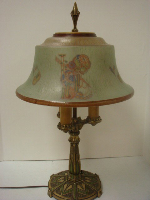 PAIRPOINT Reverse Painted Exeter Shade Table Lamp:: PAIRPOINT Reverse Painted Exeter Shade Table Lamp: Art Deco Satin Finish Light Green Shade with Floral Reverse Painting. Brass with Green Accented 3 Lamp Base. Circe 1905-1930. 25"T. (800-1200)