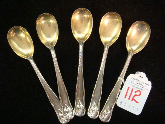 Five TIFFANY & CO Sterling Silver Quail Egg Spoons: Five TIFFANY & CO Sterling Silver Quail Egg Spoons: Each Oval Bowl Spoon has Quail Head at Tip with Single Claw Running to Gold Wash Bowl and 3 Toed Foot on Back. 4 5/8"L. 3.185 Oz. (200-350)
