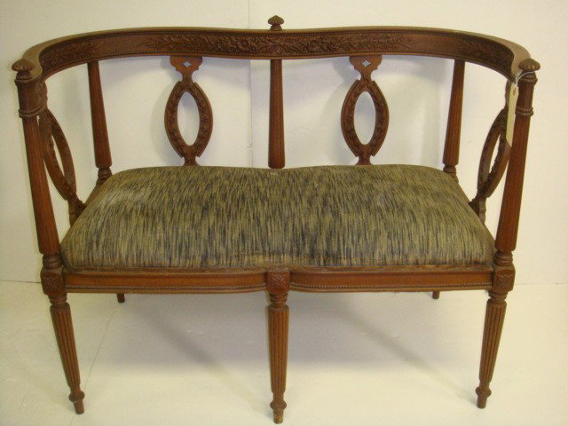 Hand Carved French Provential Style 19th C Settee:: 19th C. Victorian Love Seat in the French Taste: Louis XVI Style, Composition Application on Double Curved Back-Open Splats. Round Fluted Braces and Legs. Velvet Upholstered Bench Seat. 1890-1910. 31"