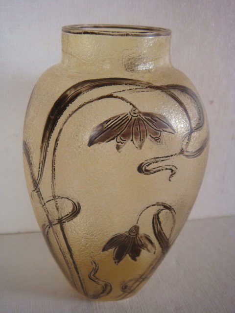 Bohemian Silver Overlay Glass Vase: Bohemian Silver Resist on Textured Glass Vase: Art Nouveau Glass, Likely Czech or Austrian with Trailing Silver Design Overlaid. Superfluous Tiffany Signature. (120-250)