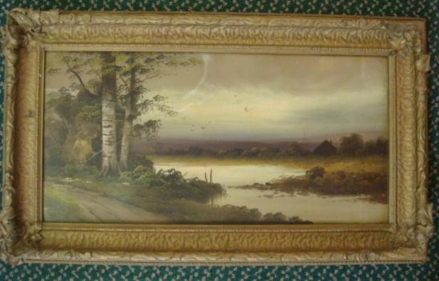Sunset Over Pond Oil on Board in Frame:: Sunset Over Pond Oil on Board in Frame: Rural Landscape with Birch Tree. 27 1/2" X 13" in 3" Carved Gesso Frame. No Signature Visable. (100-150)