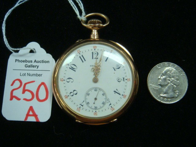 Geneva Pocket Watch in 14K Gold Case:: Geneva Pocket Watch in 14K Gold Case: Case Marked 22168, BHJ Co. Haas Neveux and Co., Swiss on Inside Case. (300-500)