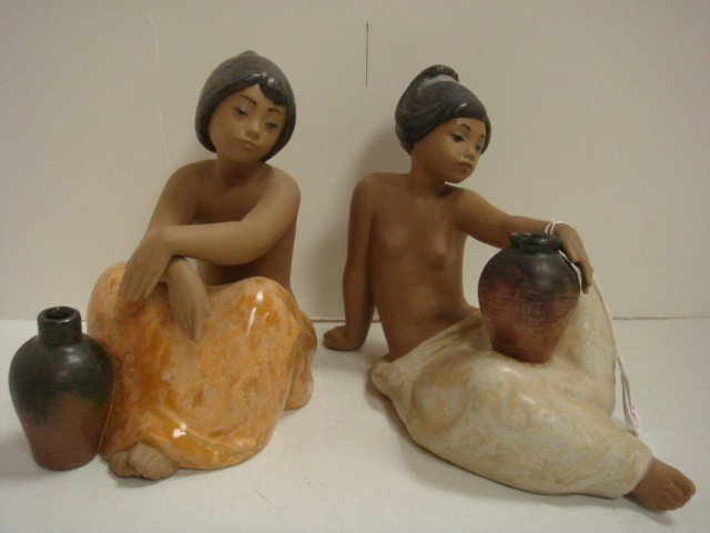 2 Gres LLADRO Female Figurines:: 2 Gres LLADRO Female Figurines: Letica by Jose Puche, 1984-1995, Marked E6F, and Gabriella, Retired 1984, Marked E28E. Matte Finish in Earth Tone Colors. 6 1/2"T. (150-300)