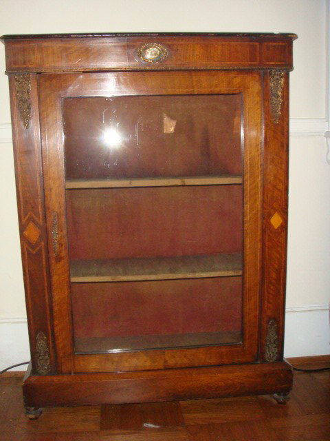 French Napoleon III Vitrine Porcelain & Ormolu Mou: French Napoleon III Vitrine Porcelain & Ormolu Mounts: Glazed Door with Line Inlay, Parquetry Inlay on Side Columns. Floral Ormolu Mounts, Compressed Bun Feet. French Porcelain Insert. Ebonized Bandin