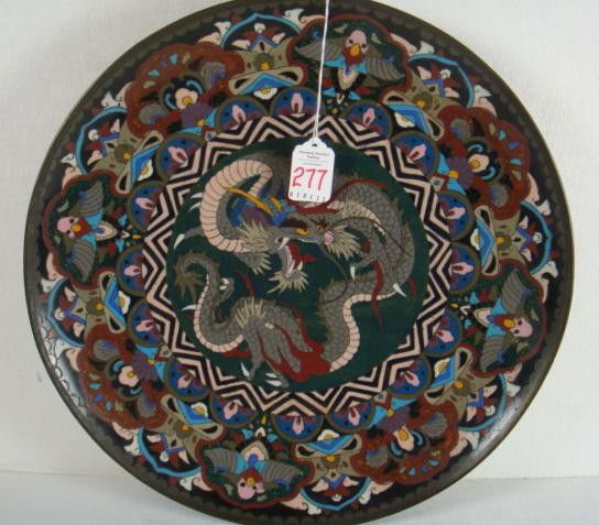 Chinese Cloisonné Charger: Chinese Cloisonné Charger: Enameled Scale Back. Invisible Cloisonné's on Front. Dragon Center. 14 1/4"D. Has Stand. Sezincote/ Dugdale Estate. (100-200)