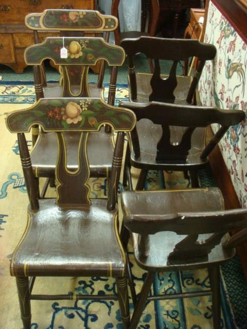 Seven Stencil Back Dining Chairs: Seven 19th C Stencil Back Dining Chairs: Boot Jack Splats with Brown Painting Accented by Gold Line and Fruit Painted Crest. Ring Carved Legs and Plank Seats. (280-490)