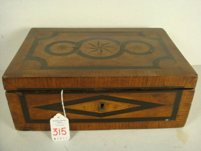 Burled Wood Box with Nautical Inlaid Marquetry: Burled Wood Box with Nautical Inlaid Parquetry: Ebony Accented Circles with 8 Pointed Stars on Top, Diamond Sides. Has Lock but No Key. Age Shrinkage in Bottom. 4"T, 7 1/2" X 11". Sezincote/Dugdale Es