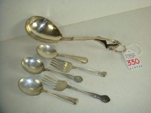 GEORG JENSEN Sterling Silver Spoon, Childs Flatwar: GEORG JENSEN Sterling Silver Spoon, Childs Flatware: Georg Jensen Hammered Bowl Serving Spoon with Leaf and Bead Motif Handle. 8"L. 2 Sets of Childs Fork and Spoon with Extra Spoon. 6.015 Oz. (200-240
