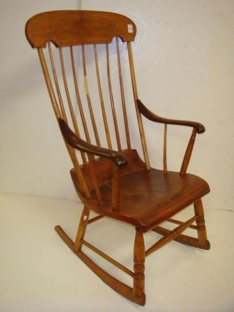 Salem Spindle Back Rocker with Yoke Crest: Salem Spindle Back Rocker with Yoke Crest: Shaped SEat with Yoke Crest Rail. Turned Stretcher and Shaker Style Rockers. 1 Repaired Spindle. (120-240)