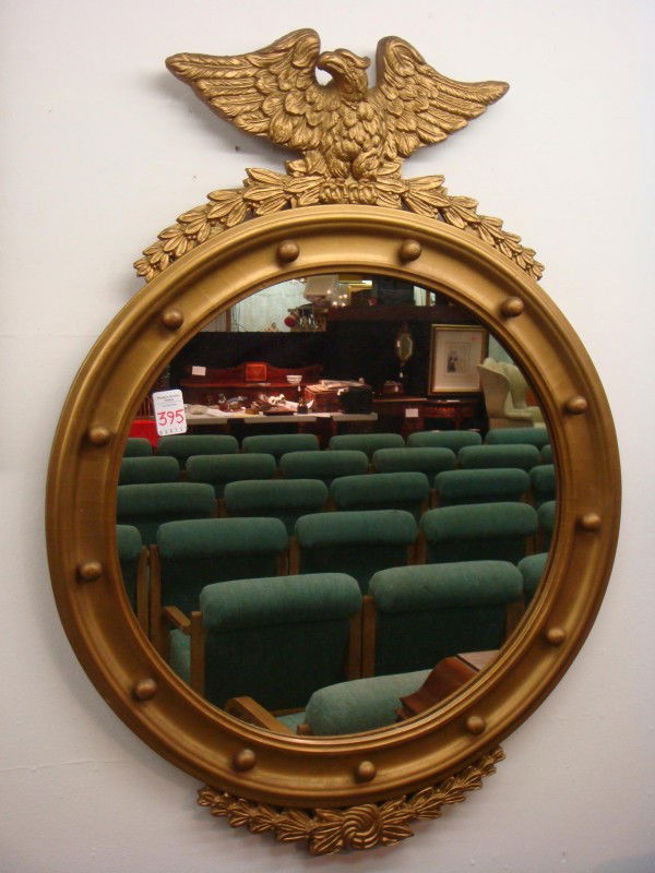Federal Style Bull's-eye Mirror with Eagle Crest: Federal Style Bullseye Mirror with Eagle Crest: Plate Mirror is 22" Diameter in Wood Frame with Lower Swag Accent. 30"L. (100-160)