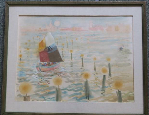AMY JONES (1899-1992), THE LAGOON, Watercolor:: AMY JONES (1899-1992), THE LAGOON, Watercolor: Listed Muralist, Illustrator and Post Office WPA Artist. In the Permanent Collection of the Smithsonian Had One woman Shows throughout Europe. Lone Sailb