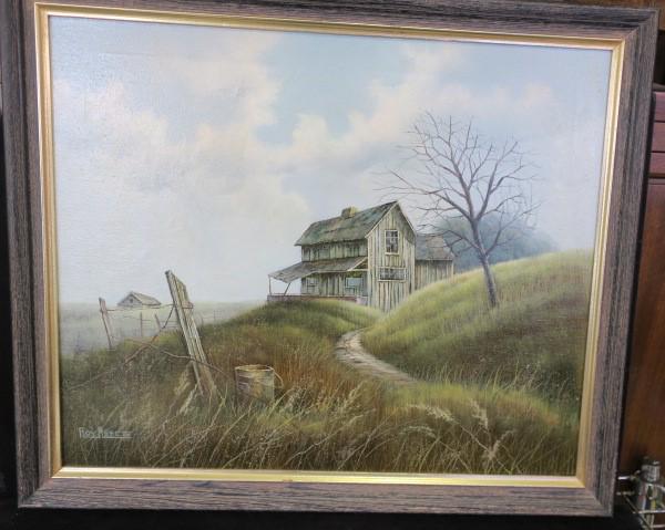 Rural Landscape on Canvas by ROY REECE:: Rural Landscape on Canvas by ROY REECE: 20thC Canadian Artist Noted for His Detailed Country Scenes. Rundown Rustic House with Overgrown Yard and Barren Tree Together with a Barn off in the Distance. 