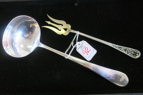 Sterling Silver Ladle and Serving Fork:: Sterling Silver Ladle and Serving Fork: International Sterling Ladle is 10"L. Mechanics Sterling Co, A Subsidiary of Watson & Newell Co, Ca 1896-?, Three Tine Serving Fork with Faint Gold Wash. Tines