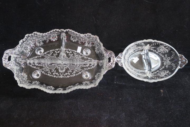 Two Etched Glass Divided Serving Dishes: (1 of 3)