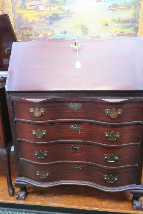 Antique Mahogany Slant Front Desk or Gov. Winthrop:: Antique Mahogany Slant Front Desk or Gov. Winthrop: Quality Made Desk with Fitted Interior with Secret Drawers. Lower Serpentine Front with Four Equal Drawers. Brass Batwing Hardware and Escutcheons. 