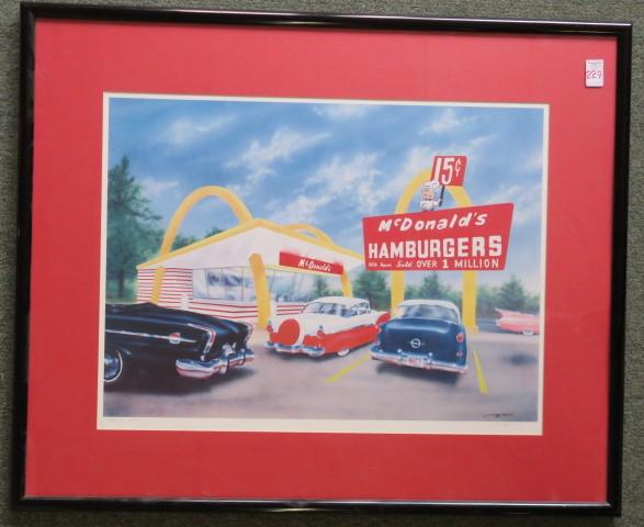 Signed, Numbered McDonalds Advertising Print:: Signed, Numbered McDonalds Advertising Print: #711/1500, Illegible Signature on Print and in Margin. Replica of Kroc's First Franchise in 1955, with Speedee the Mascot with the Hamburger Face and Chef