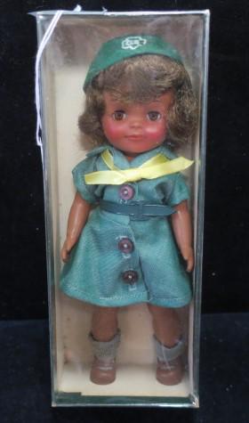 1965 EFFANBEE 8" Black Official Jr. Girl Scout Doll:: 1965 EFFANBEE 8" Black Official Jr. Girl Scout Doll: Mint in Box #11-956 with Acetate Lid. Marked 1965 on Neck, However Black Version Not Introduced Until 1968. Soft Vinyl with Molded Features, Brown