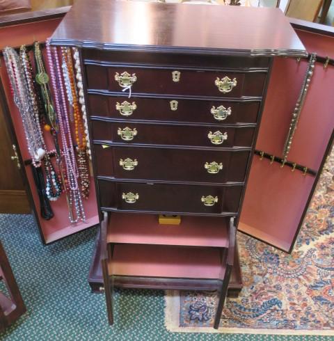 Floor Standing Mahogany Jewelry Armoire w/Jewelry: (1 of 4)