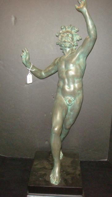 Molded Greek Male Nude Statue of a Satyr with Tail:: Molded Greek Male Nude Statue of a Satyr with Tail: Composition Nude Figure Wearing only a Grin. Curly Tail, Stepped Plinth. 29"T on 3"Base. (60-120)