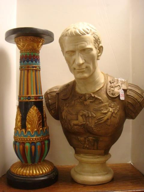 Julius Caesar Molded Sculpture and Luxor Pedestal:: Julius Caesar Molded Sculpture and Luxor Pedestal: Direst Cast From Museum Original in Designer Resin. Pedestal Brightly Decorated in Faux Gold Leaf Luxor Pillar 26" x 9" Dia., 10 Lbs. Professionally 