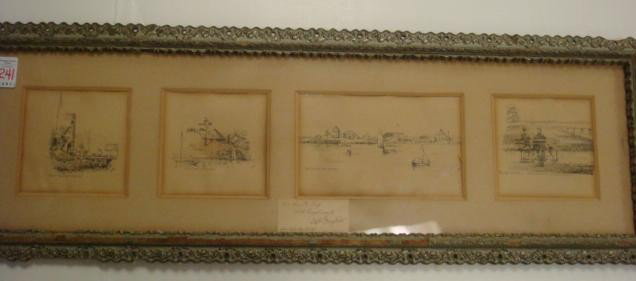 Four MARLIN BORGSTEDT Pen & Ink 1891 Drawings Fram: Four MARLIN BORGSTEDT Pen & Ink 1891 Drawings Framed: Scenes of New York 1891, Matted and Framed. (100-200)